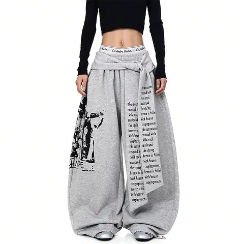 Y2K printed sports pants for men and women, elastic waisted wide leg pants, fashionable and versatile streetwear