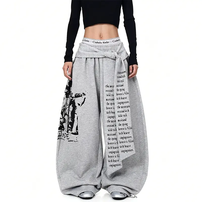 Y2K printed sports pants for men and women, elastic waisted wide leg pants, fashionable and versatile streetwear