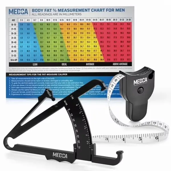 Personal Body Fat Caliper and Body Measuring Tape Tool Kit with Skinfold Measurement Interpretation Chart