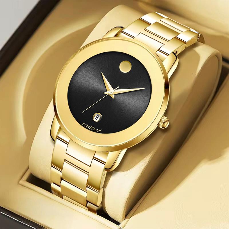 Luxury business quartz watches for men and women feature solid, hypoallergenic stainless steel strap with calendar function, deep waterproof, minimalist design, elegant, precise and durable for business travel, suitable for daily wear and gift giving