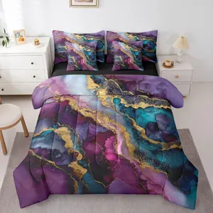 Marble Print 7 Piece Bed in A Bag | Gold Teal Pink Gradient Comforter Set,Ink Fluid Art Marble Texture Bedding Set,for Kids Boys Girls Aesthetics Abstract Sheet Set with Comforter