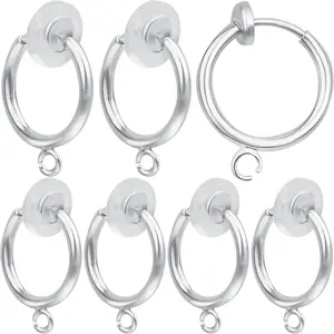 16pcs Brass Clip-on Hoop Earring Converters Round Dangle Ear Clips Classic Earring Findings with Open Loop for Non-Pierced Ears Jewelry Making, Bright Silver