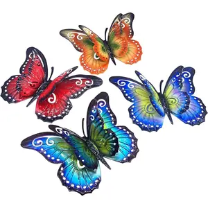 Metal Butterfly Outdoor Wall Decor- 6.5'' 3D Metal Colorful Hanging Double Wings Butterflies for Garden Yard Decoration Outdoor or Indoor Decor, Gifts for Mom Dad Friends (4 Pack)