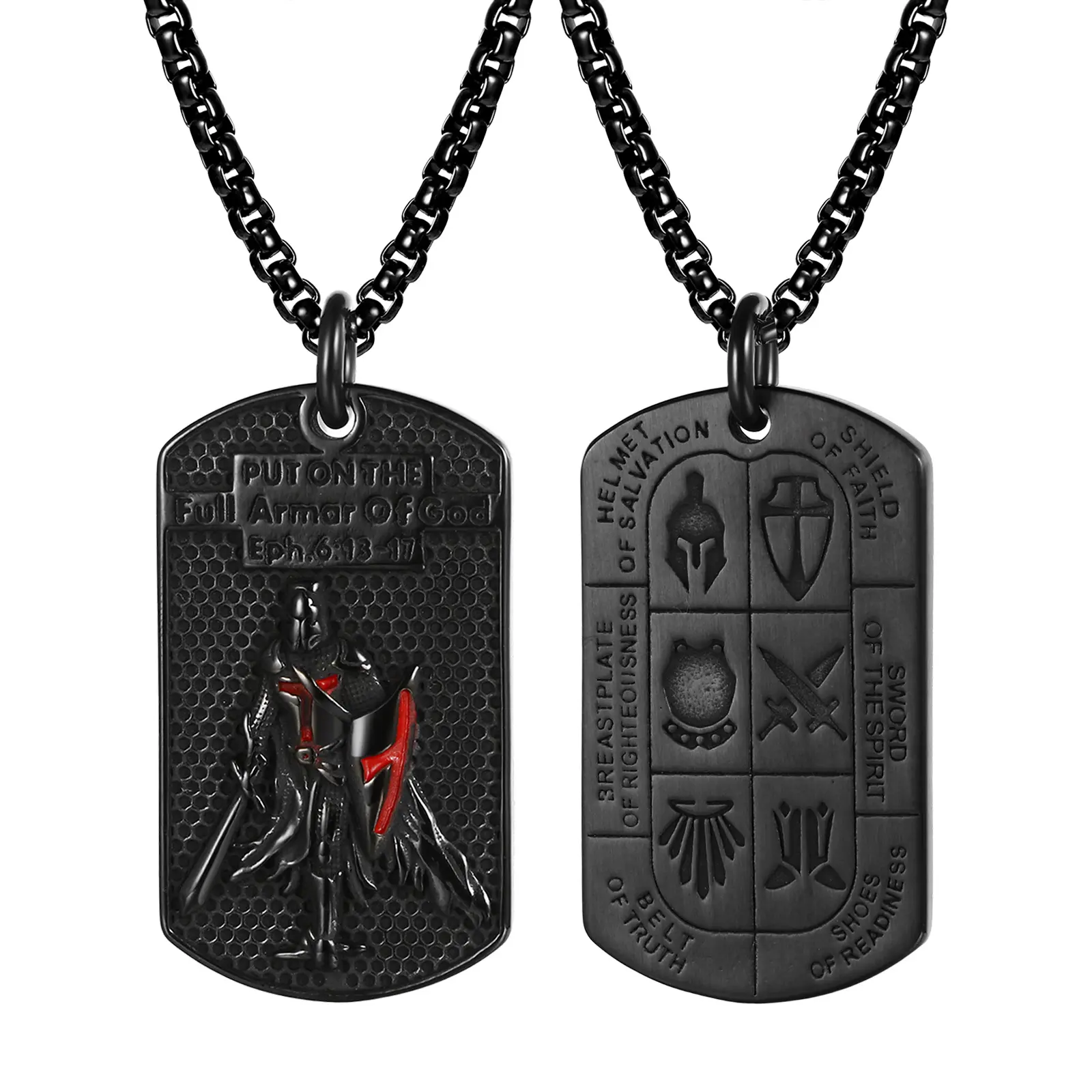 OIDEA Male Double-Sided Knights Templar Stainless Steel Dog Tag Necklace - Sturdy Long Chain & Link, Full Armor of God Red Cross Armor Symbols, Ephesians 6:13-17 Scripture, Religious Jewelry for Casual Outing, Versatile Accessory, Religious Gathering, Stu