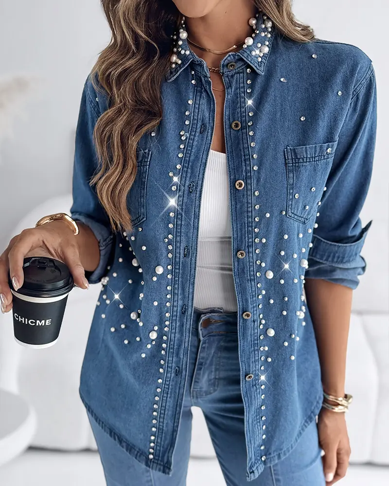 CHICME Women's Pearls & Rhinestone Decor Turn-down Collar Button Front Denim Shirt Coat Casual Top