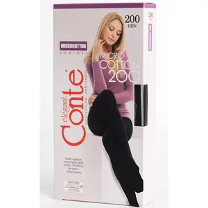 Conte Elegant Lady's 200 Den Microcotton Tights - High Waist, 68% Cotton Fabric, Warm Opaque, Classic Style, Casual, Skin Friendly, So Soft, Cold Wash (18C-70SP)