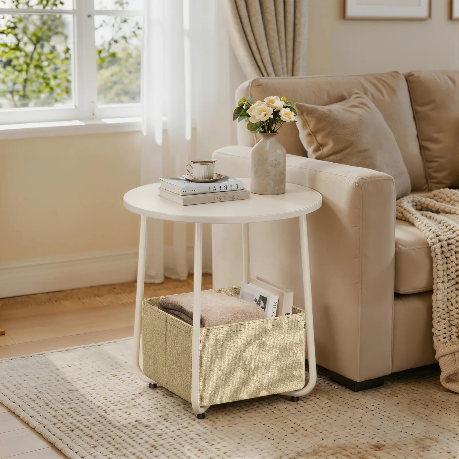 Flycity  Square cloth basket round table (white) Small Round Side End Table, Modern Nightstand with Fabric Basket, Side End Table with Fabric Basket, Modern Nightstand, Table, for Living Room, Bedroom