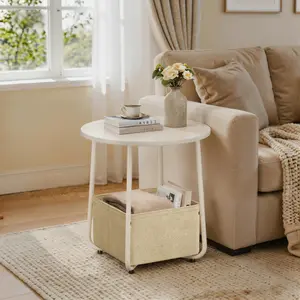 Flycity  Square cloth basket round table (white) Small Round Side End Table, Modern Nightstand with Fabric Basket, Side End Table with Fabric Basket, Modern Nightstand, Table, for Living Room, Bedroom