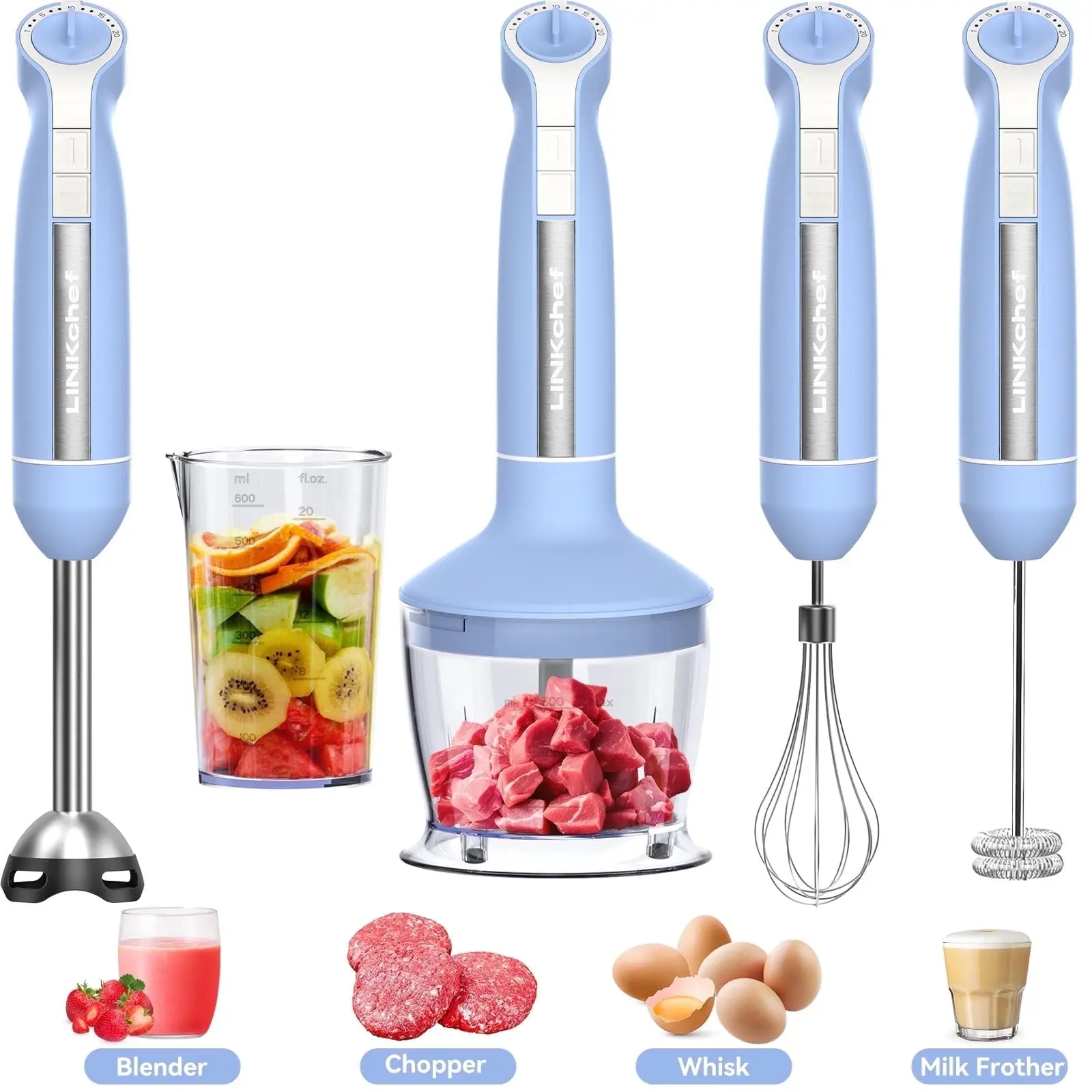 LINKChef Immersion Blender, 1000W 20-Speed 5-in-1 Immersion Hand Blender with Turbo Mode, Scratch-Resistant Stick Blender for Baby Food Processor & Chopper(Blue)