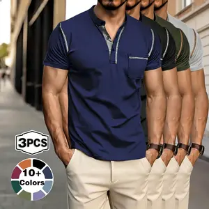 Summer new style Henry collar casual polo shirt, new style men's short-sleeved T-shirt, fashionable and versatile pure color shirt, men's style
