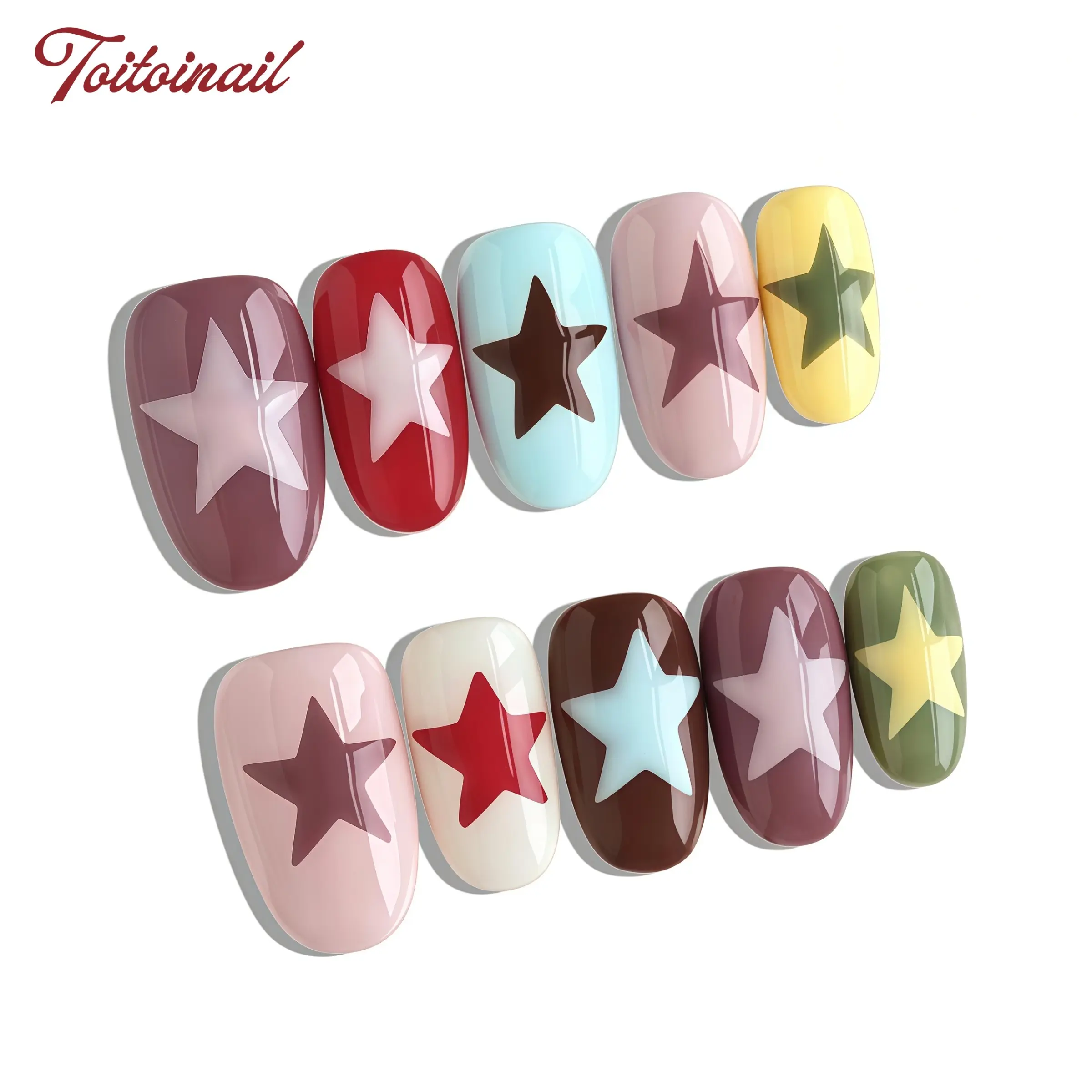 Star Color Handmade Press-On Nails, Handmade Acrylic Nails | Short Almond Shape, 10pcs | Y2K Retro Cute Design | Macaron Multi-Color Base & Contrast 3D Star & Gloss Accents | Reusable DIY Nail Kit for Women | Trendy Nails for Spring, Summer, Daily Wear