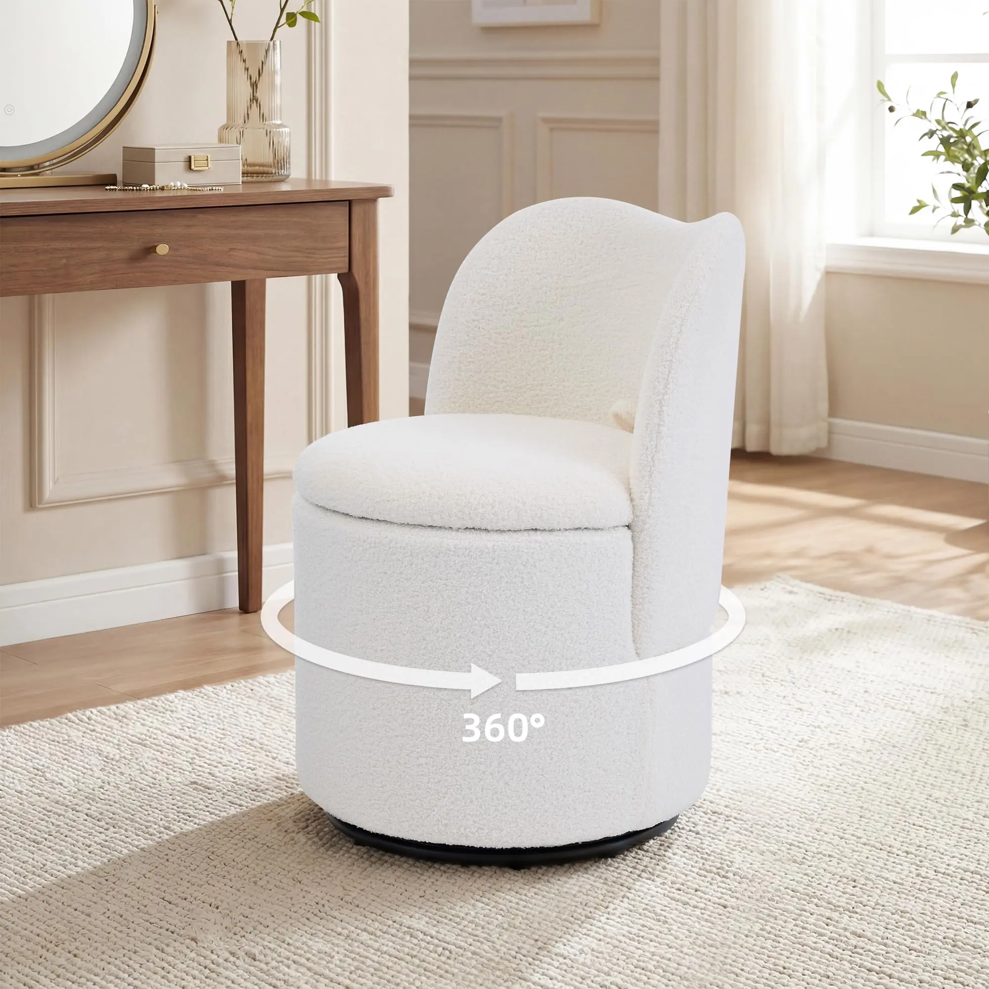 Garvee Vanity Chair with Storage, 360° Swivel Makeup Chair with Back, Modern Barrel Chair Upholstered Ottoman for Bedroom, Dressing, Living Room,