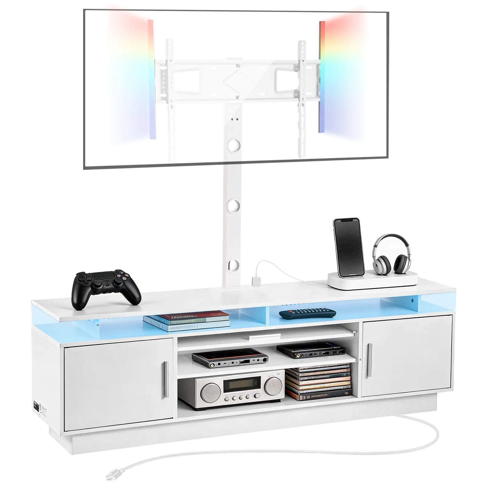 VEVOR TV Stand with Mount, 59.1 Inch, Swivel TV Stand Console with Power Outlet, for 32-75 Inch TVs, Height Adjustable Modern Entertainment Center with Storage & LED Lights, for Living Room, White#BacktoSchool