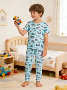 Boys' Summer Car Print Sleepwear Set, Cartoon Print Pajama, 2-Piece Fitted Pajamas, Round Neck Short Sleeve Long Pants, Casual Home Wear, Spring & Fall