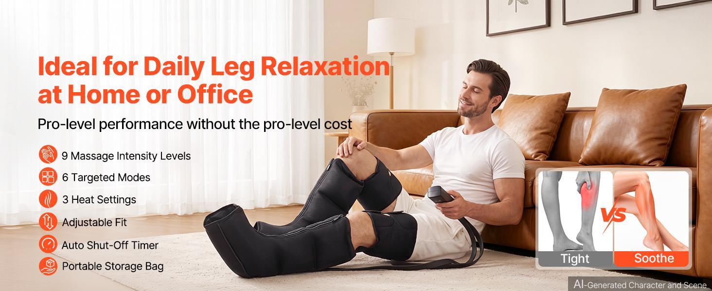 【BackToSchool】VEVOR Leg Compression Massager 9 Intensities Air Compression Leg Massager, For Daily Relaxation, 6 Massage Modes, 3 Heat Settings, Auto Shut-Off Timer, Adjustable Fit, with Storage Bag and Adapter