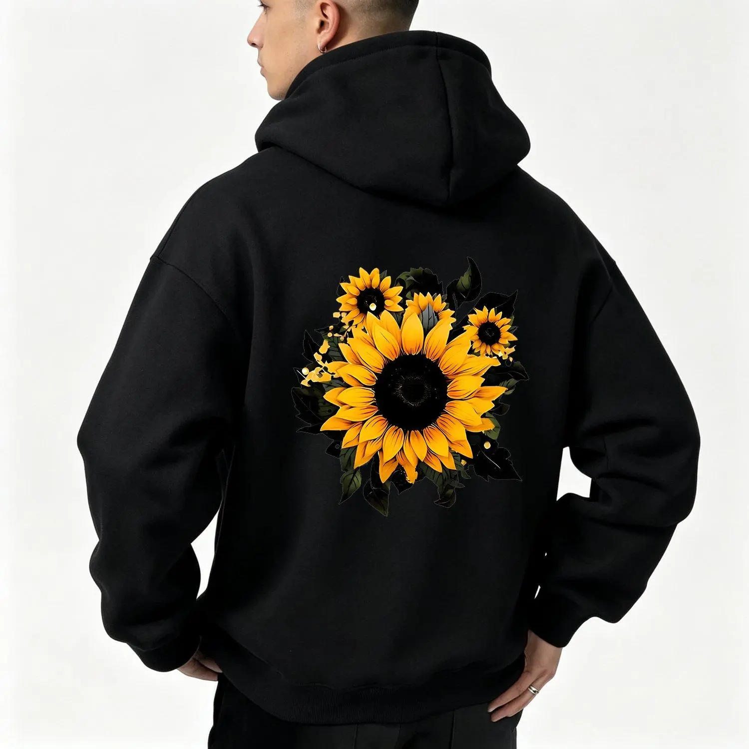 Sunflower Graphic Floral Print Casual Cute Hooded Sweatshirt Trendy Daily Wear Comfortable Stylish Mens Hoodie