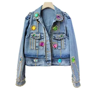 TRNDY LAB 2026 Streetwear Diamonds Rivet Big Pocket Long Sleeve Denim Jacket Women Casual Cowboy Outerwear Loose Short Jeans Jacket Coat Female