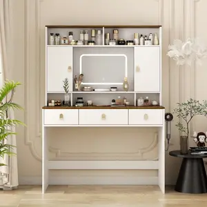 Farmhouse Dressing Table Makeup Table, 43" Wide Dressing Table with Lighted Mirror and Makeup Drawer, Large Modern Dressing Table Set with Hair Dryer Holder for Bedroom, White