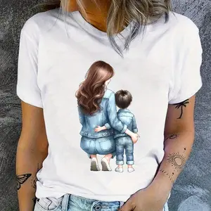 Mother's Day Gift - Mother-Son Bond Denim Outfit Print  T-Shirt, Casual Short Sleeve Round Neck Tee with Cartoon Family Design, Machine Washable Spring Summer Fall Top