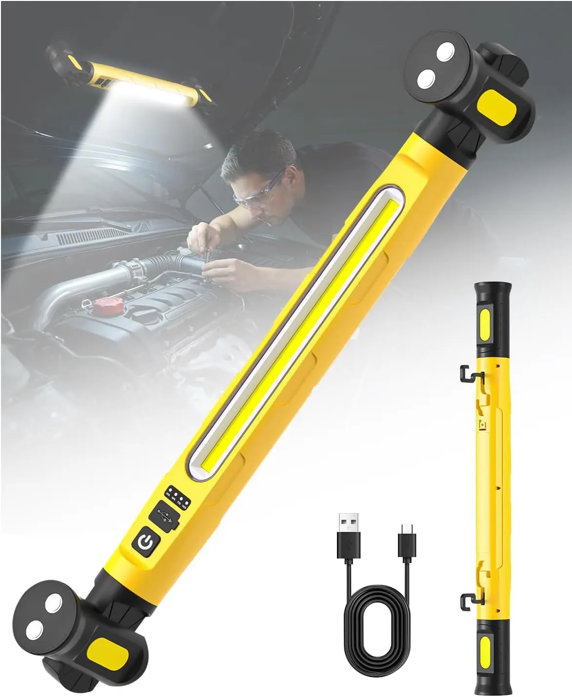 Mechanic Work Light, 3000LM LED Light Bar, 5200mAh Rechargeable Magnetic Underhood Work Light with Hooks, Cordless Battery Powered Mechanic Light for Inspection Workshop Emergency, 3 Lighting Modes