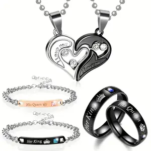 His Queen Her King 6Pcs Matching Jewelry Set - Couples Necklace, Bracelet & Ring with Love Heart Pendant for Couple Gift
