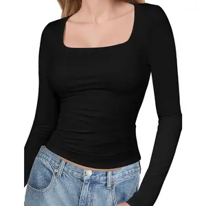 Women's square neck basic long-sleeved T-shirt, slim fit, 2024 autumn, cute cropped top, fitted shirt.