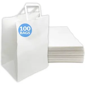 100 Pack | 10"x6.75"x12" | Large White Paper Bags w/Handles | Ideal for To Go/Take Out/Restaurant Bags with Handles, Shopping, Retail, Gifts | 25% larger than 10"x5"x13"