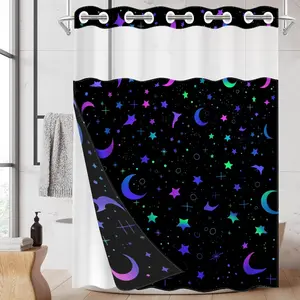 1pc hookless shower curtain with lining, star and moon design 2D flat printing, fabric waterproof liner shower curtain with window, double-layer shower curtain, 71 x 74 inches, modern home curtain decoration, Room Decor
