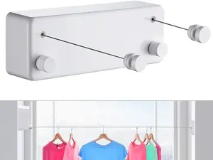 Retractable Clothesline with 13.8 Ft Steel Wire, Double Indoor & Outdoor Laundry Drying Line, White
