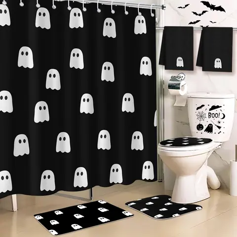 6/8 Pcs Halloween Bathroom Decor Cute Ghost Pumpkin Shower Curtain Set with Non Slip Rug & Toilet Lid Cover & Waterproof Bath Mat Restroom Shower Accessories Haunted Spooky House Decor Halloween Decorations Halloween Party Supplies Halloween Finds