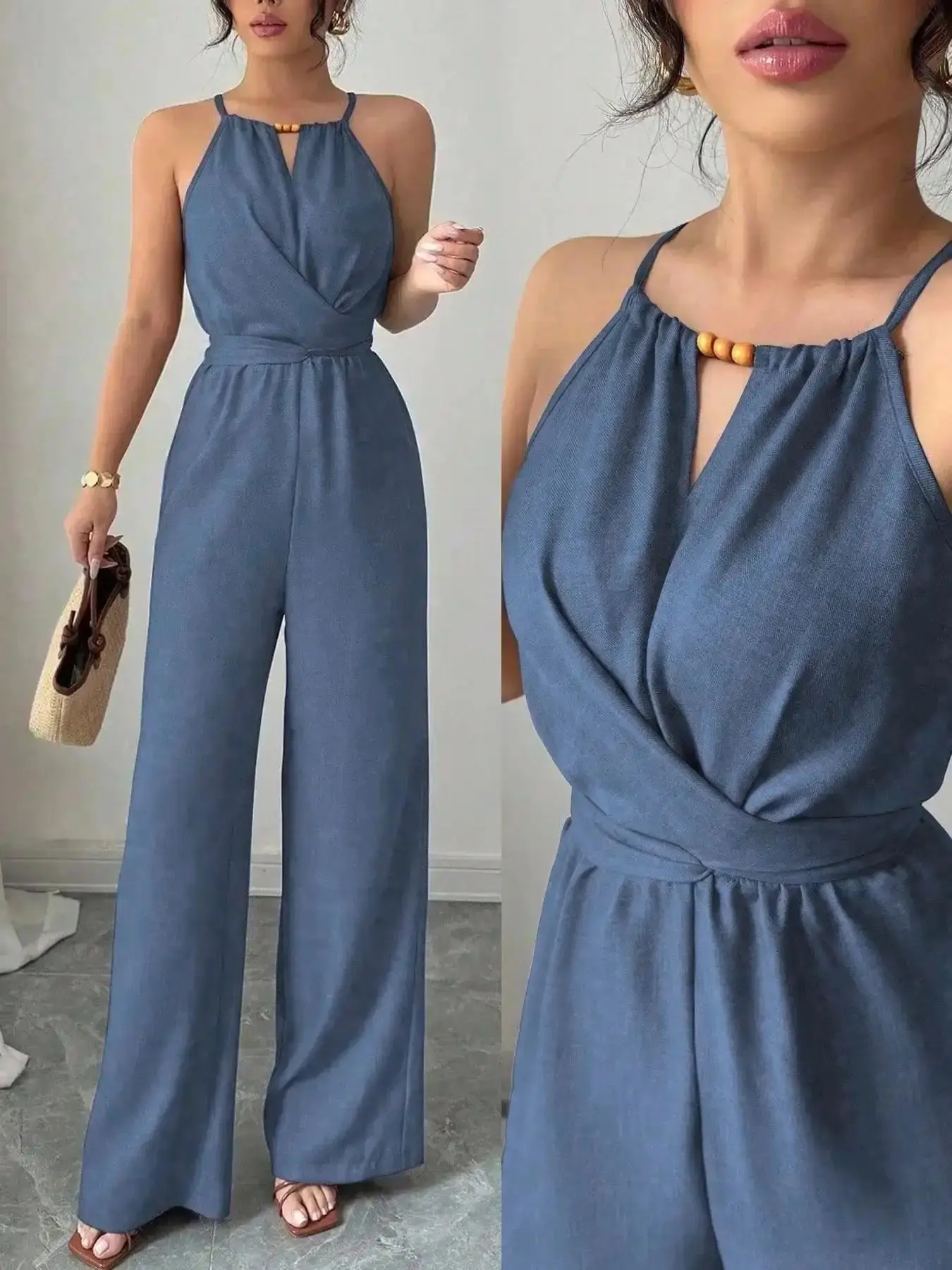 Vibrant 1 Piece Women Halter Neck Wrap Jumpsuit Beaded Trim Wide Leg Romper Sleeveless High Waist Loose Fit Elegant Party Vacation Club Night Out Daily Going Fashion Figure Flattering Summer Chic One Outfit For Ladies