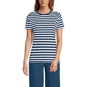 Lands' End Women's Petite Relaxed Supima Cotton Crew Neck T-Shirt - Medium - Deep Sea Navy Even Stripe