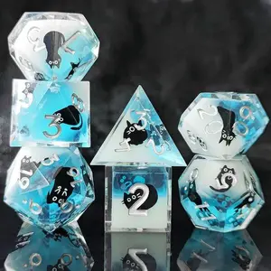 7pcs Black Cat Themed Dice Set - Iridescent Liquid Core, Multi-Sided Polyhedral D20s, ABS Resin, Perfect for DND, MTG, Pathfinder & Tabletop RPGs, with Unique Cat Design, Gaming Dice Set|Unique Die Shapes|Visual Appeal Dice