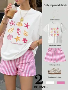 Women's Two-Piece Set T-Shirt & Maroon Striped Shorts, Womenswear, Shell Conch Starfish Ocean Print, Casual Fashion, Outdoor Sports, Campus Style