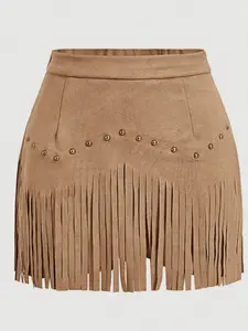 Women's Vintage Hippie Rivet Fringe Faux Leather A-Line Skirt, Retro Style, Casual Wear, Perfect for All Seasons