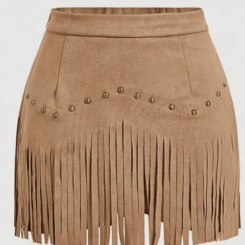 Women's Vintage Hippie Rivet Fringe Faux Leather A-Line Loose, Bottoms, Clothes, Retro Style, Casual Wear, Aesthetic, Perfect for All Seasons, Flowy Casual Skirt