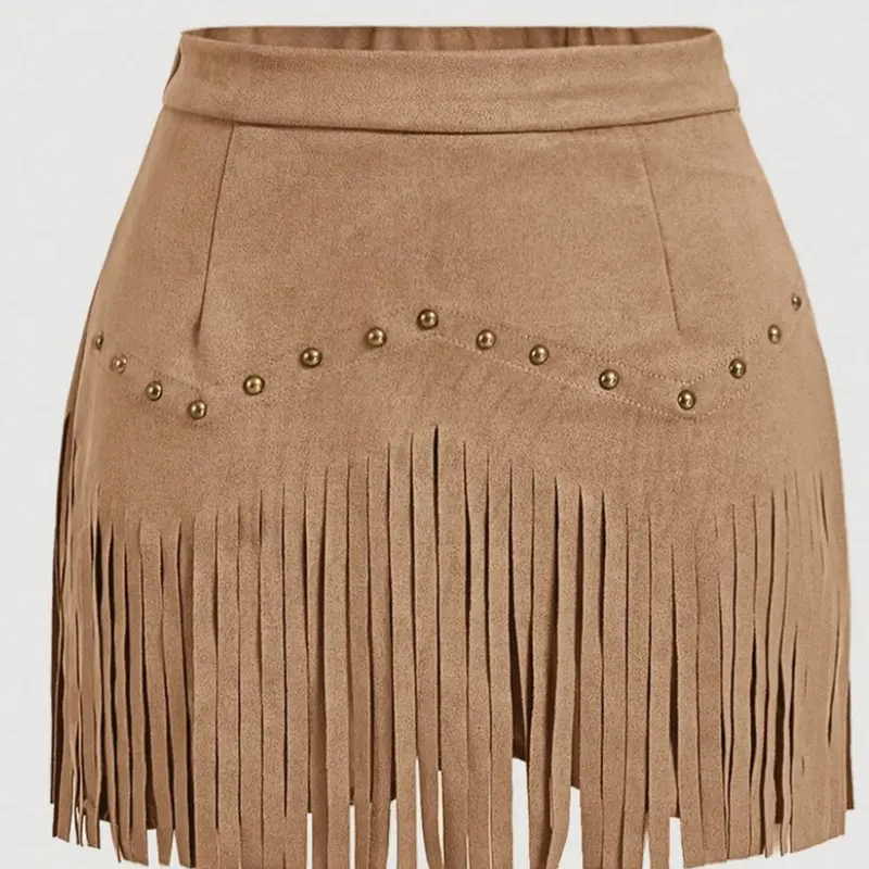 Women's Vintage Hippie Rivet Fringe Faux Leather A-Line Loose, Bottoms, Clothes, Retro Style, Casual Wear, Aesthetic, Perfect for All Seasons, Flowy Casual Skirt