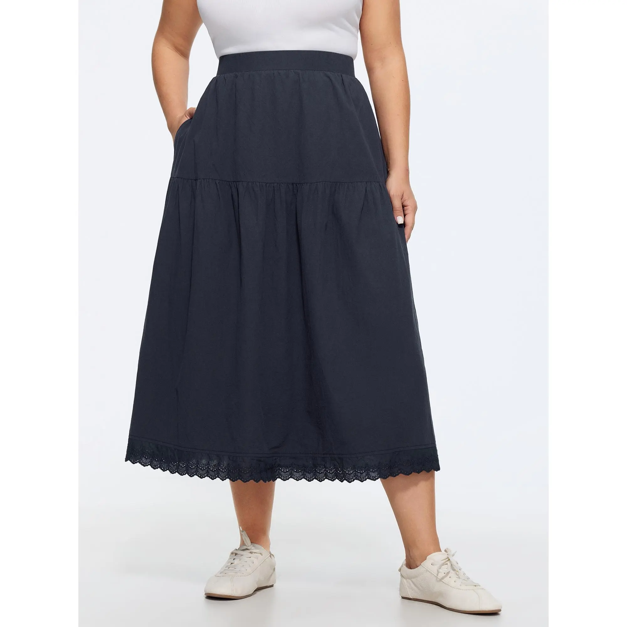 BLOOMCHIC Women's Plus Size Cotton Tiered Flowy Maxi Skirt - Lace Trim, Comfortable Fit, Functional Pocket, Smooth, Summer Bottoms [M-6X] - Sizes: 18-20/2X, 22-24/3X, 26/4X, 28/5X, Cold Wash, Fabric