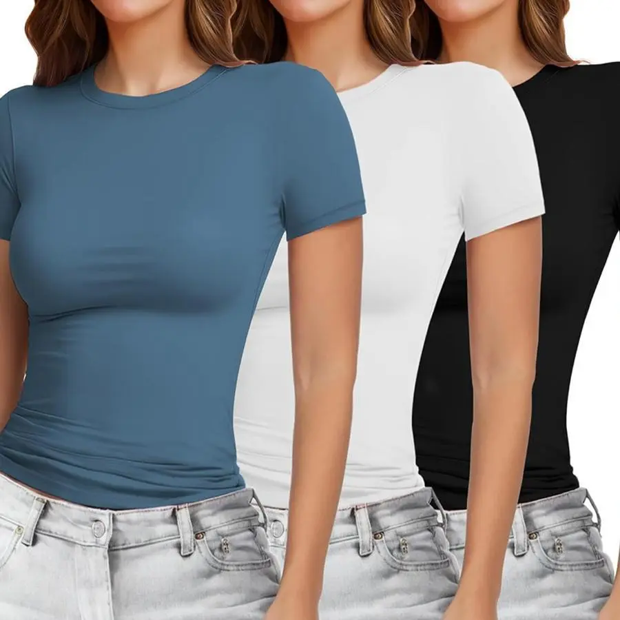 Women's 3-Pack Basic Crewneck Short-Sleeve T-Shirts — Summer 2026 New Arrivals: Y2K-Style Slim-Fit Crop Tops. Featuring a body-hugging cut that perfectly flatters your figure—an absolute essential for creating a "Hot Girl" aesthetic., women
