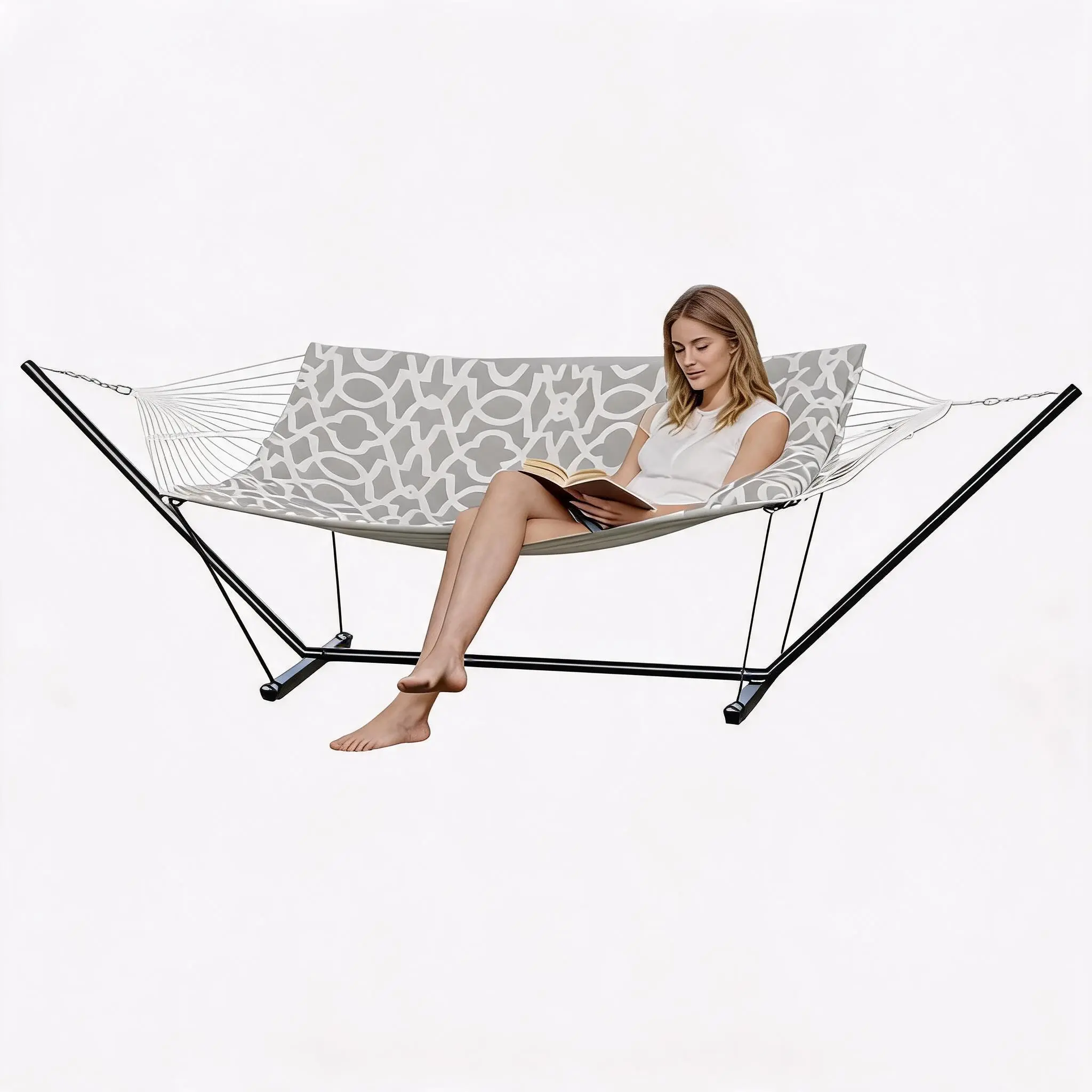 Double Hammock with Stand and Pillow for 2 Persons – Heavy Duty 450 lbs Capacity – Outdoor Patio, Backyard, or Poolside Furniture – Comfortable, Sturdy, with Balance Rope