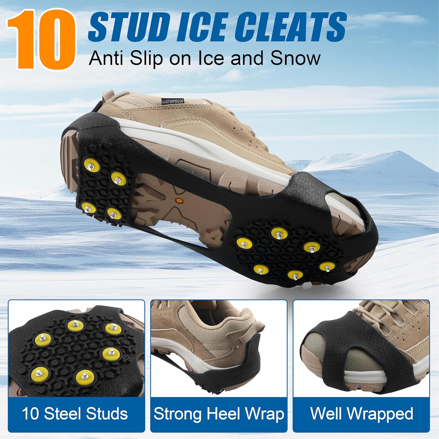 Tankye Ice Crampons Anti-Slip Shoe Covers - Lightweight 10-Tooth Spiked Sole Gadget with Chain Laces, for Winter Hiking, Snowy Terrain Ice Grip