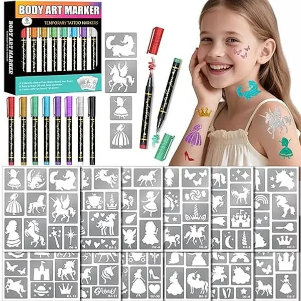 Temporary Tattoo Markers for Skin, 8 Color Washable Tattoo Pens with Flexible Brush Tips, 142 Princess & Rainbow Tattoo Stencils for Kids & Adults, DIY Body Art Kit for Summer Fun, Halloween Party Favors, Birthday Gifts