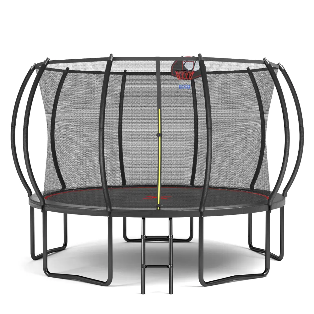 12ft Kids' Outdoor Pumpkin Trampoline Ladder, Sturdy Galvanized Steel High-Dip Frame, Reinforced PP Bouncing Mat, Weatherproof, Longer Lifespan, Black and Red Design
