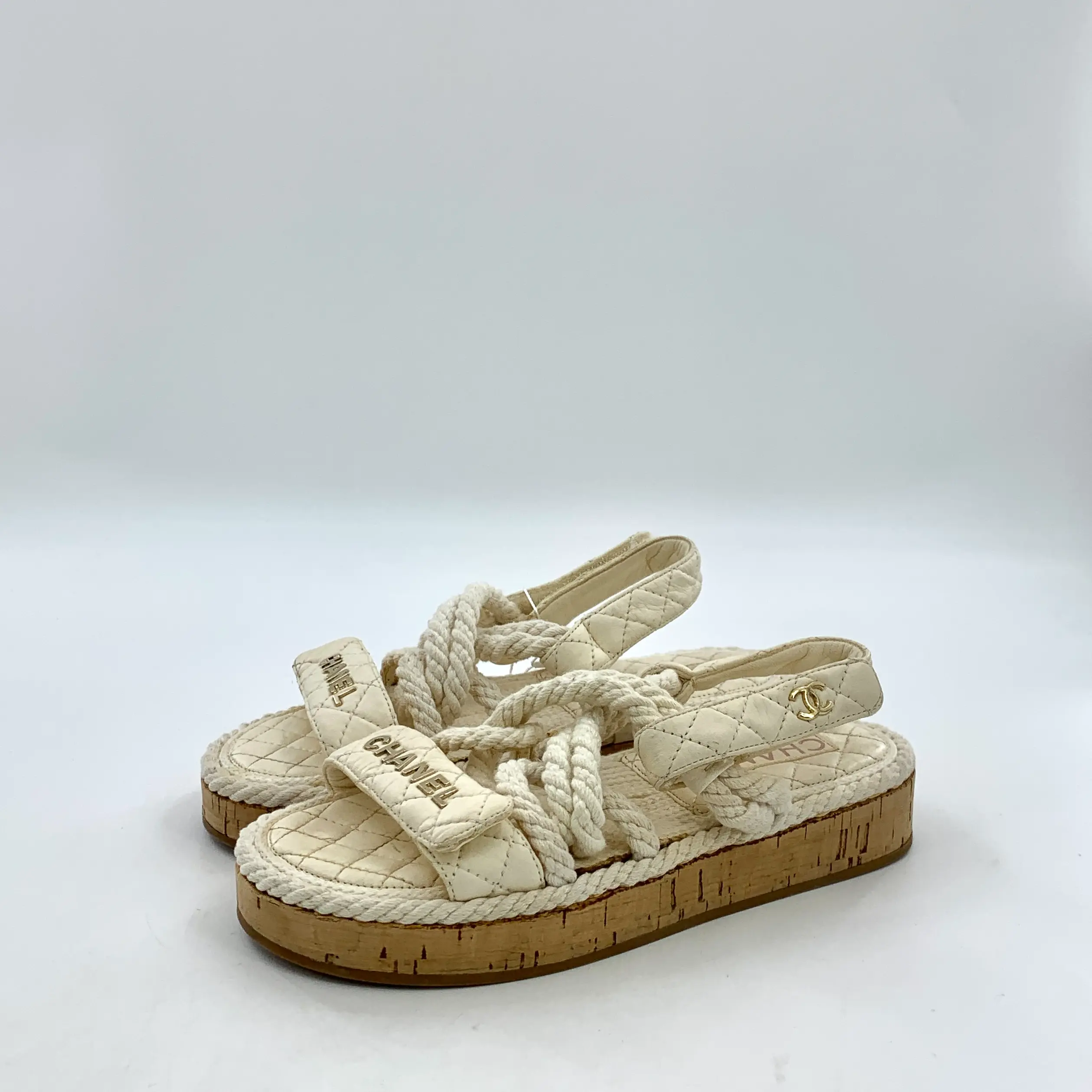 RDLT-Chanel Size 36 Beige Quilted CC Logo Strap Flat Sandals-X35369