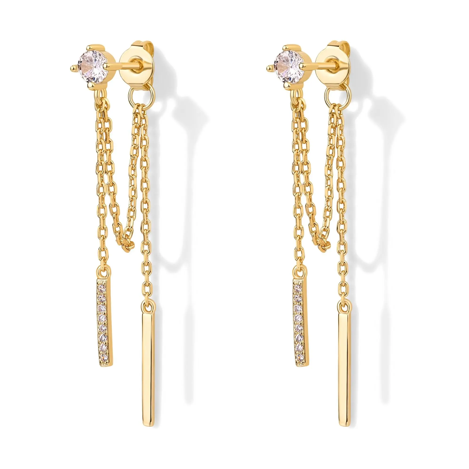 PAVOI 18K Gold Plated Sterling Silver Posts Drop Dangle Chain Earrings for Women | Dangling Chain Studs | Cubic Zirconia Ball Threader Earscapes Earrings