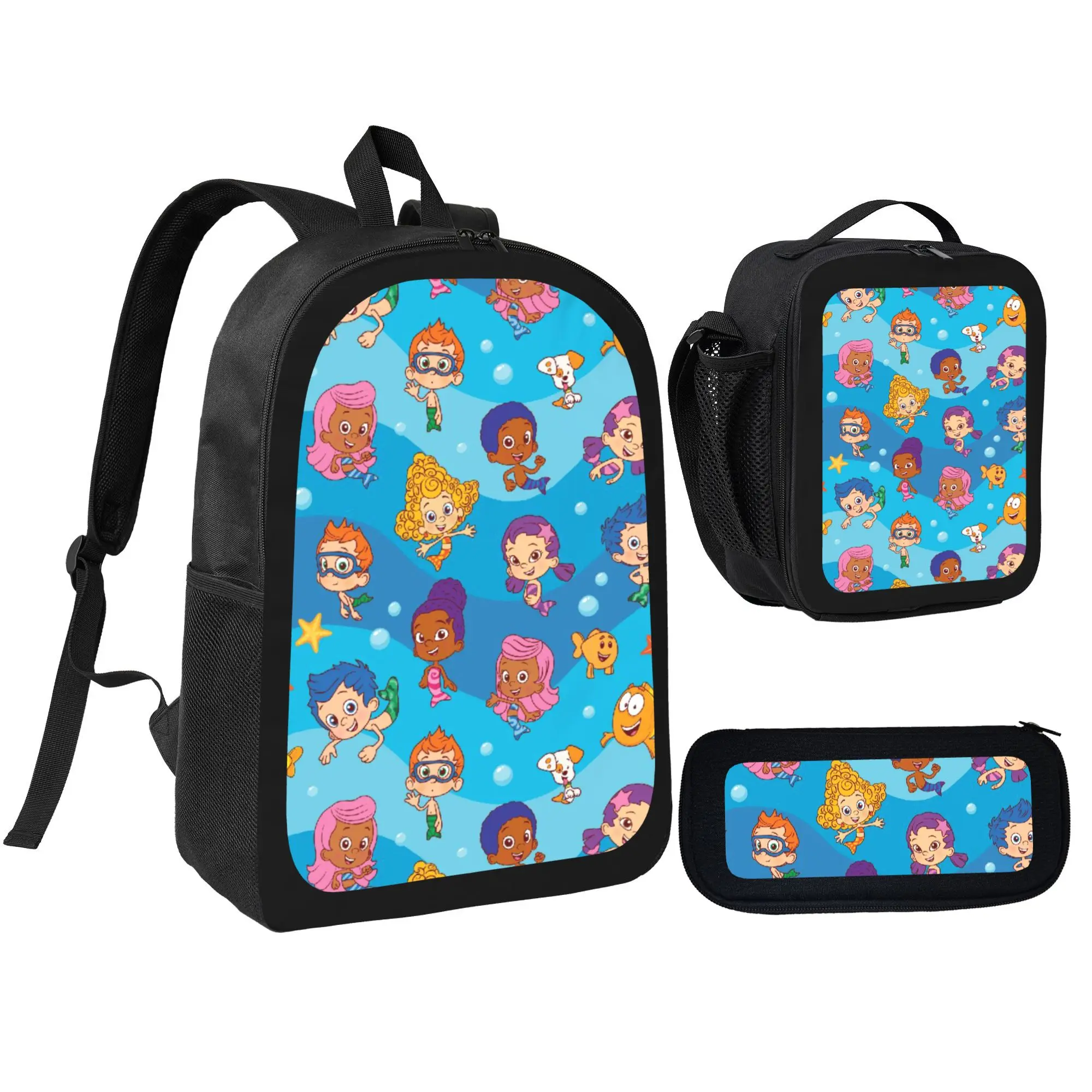 Stylish Bubble Guppies Cartoon Themed Daypack Set, 3PCS All-Match Student Backpack Kit with Insulated Lunch Tote and Pencil Pouch, Breathable Premium Fabric School Bag for Boys Girls Teens Youth