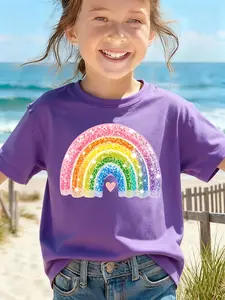 Children's summer comfortable "Shiny Rainbow" pattern, outdoor casual sports - girls' cartoon printed T-shirt