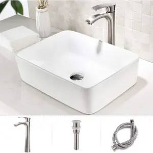 White Vessel Sink with Faucet,19x15 Inch Bathroom Sinks Above Counter Rectangular Porcelain Ceramic Toilet Hand Wash Bathroom  Sink