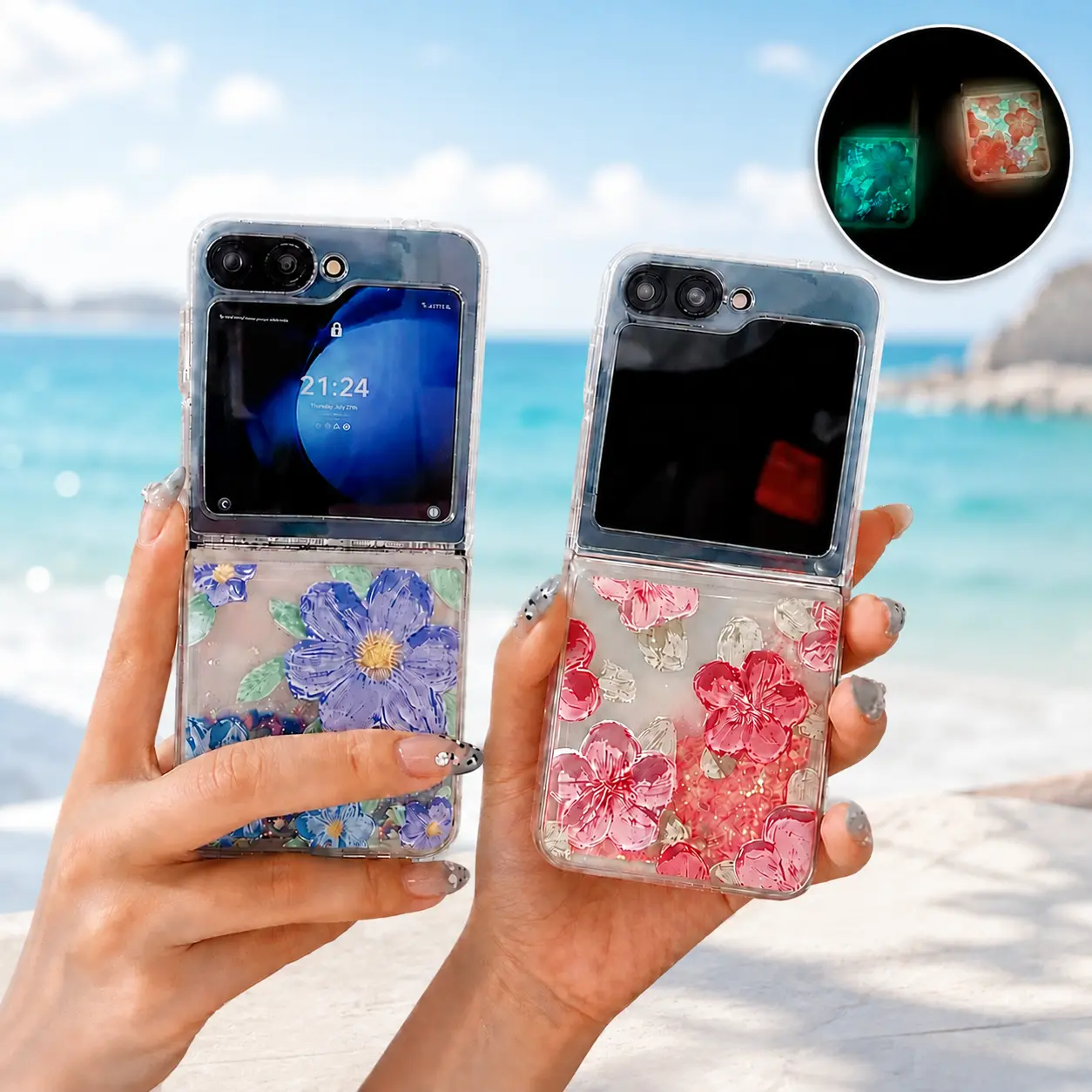 Flower Slim Fit  Case for Samsung Galaxy Z Flip 8 7 6 5 4 3 Glow in The Dark Liquid Fluorescent Floating Hybrid Soft TPU Shockproof Drop Protective Case, Aesthetic Phone Case Floral Case Women Girly