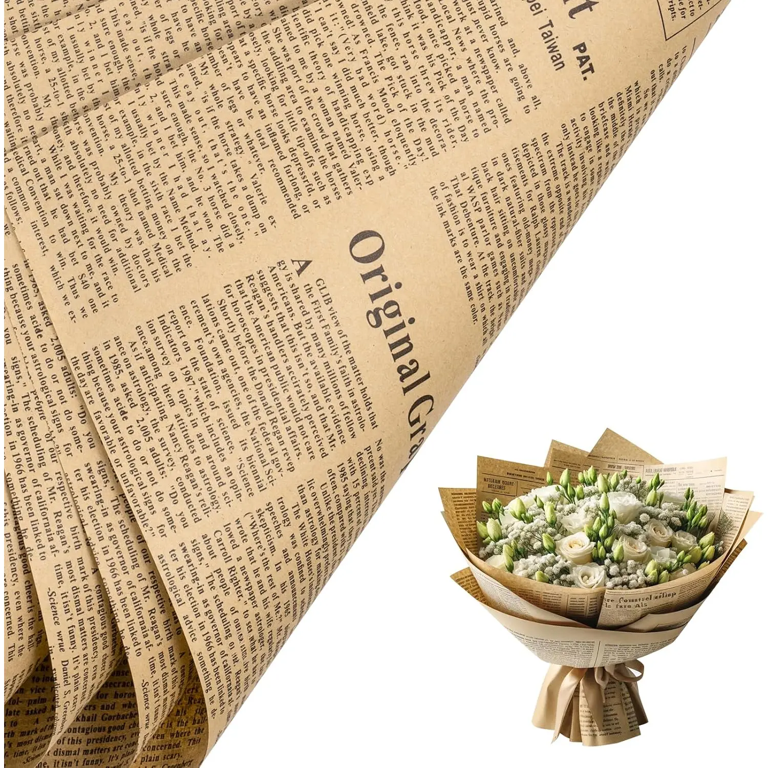 20 Sheets Reversible Newspaper Flower Wrapping Paper - Black Font Newsprint Design Bouquet Wrapper, Gift Wrapping Supplies, Decorative Packing Paper Gifts & Wrapping for Florist, Wedding, DIY Projects